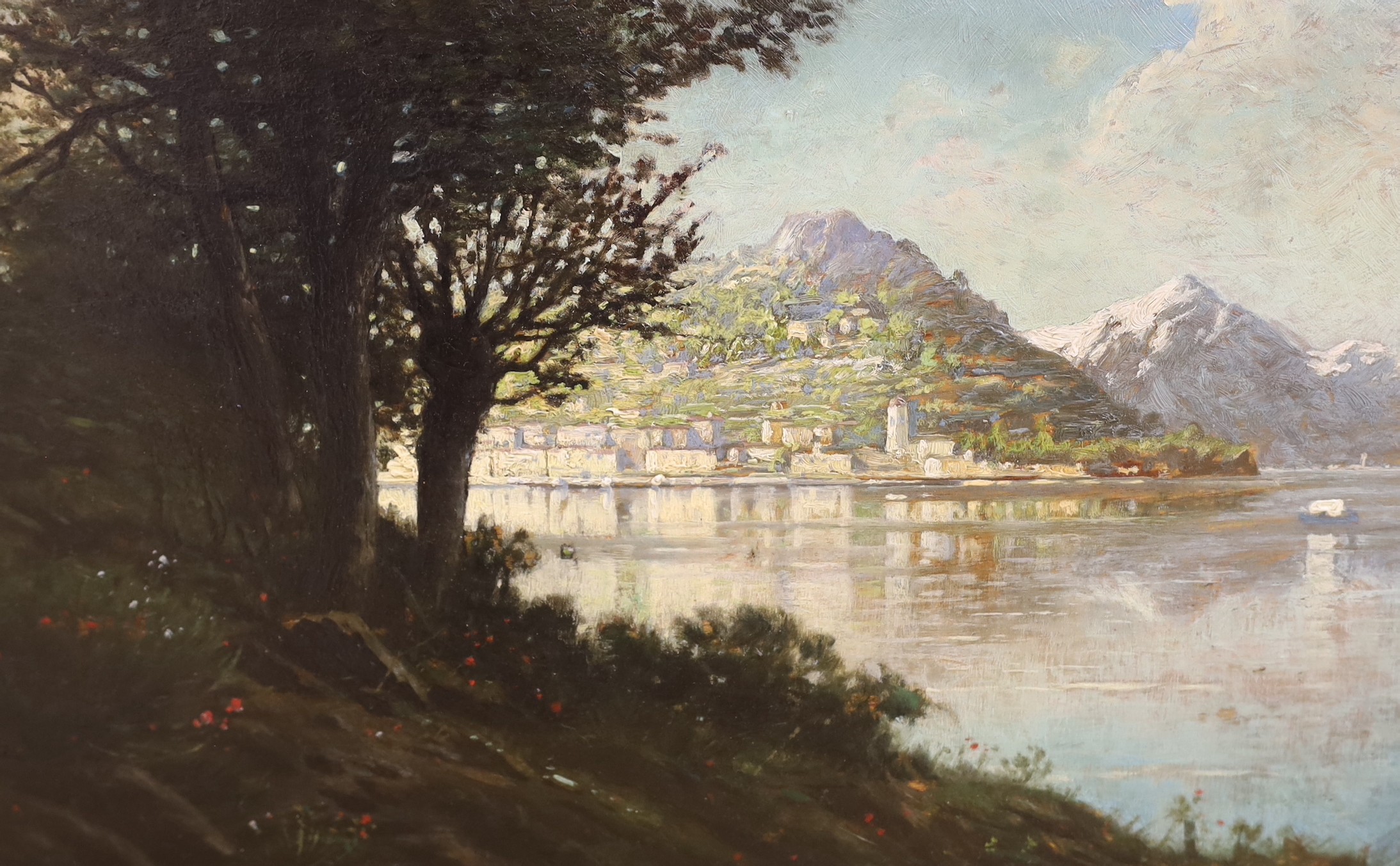 Egidio de Rubelli, oil on wooden panel, Italian lake scene, signed, 29 x 43cm